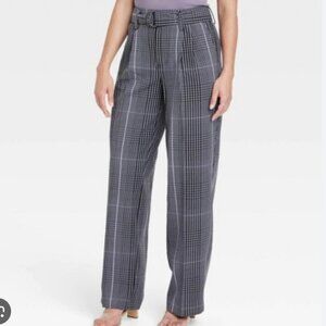 A NEW DAY Chic Old Money Women's 6 Black Blue Plaid Belted Trouser Pants